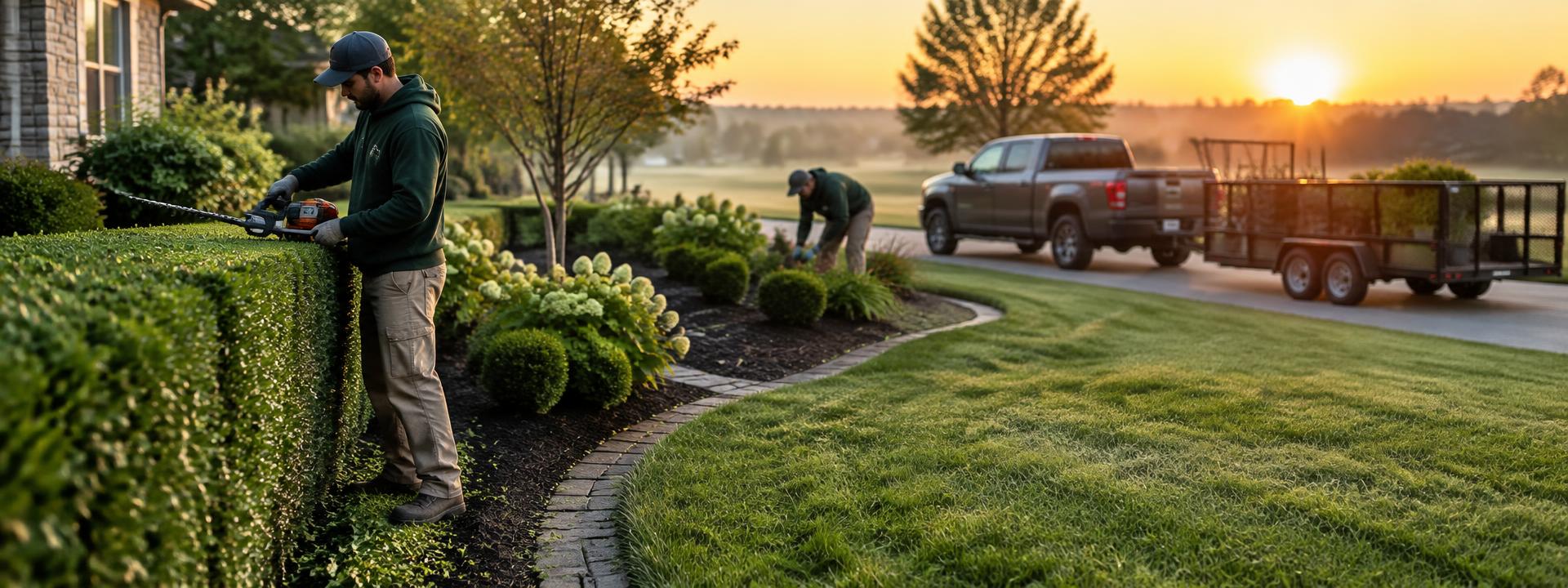 A landscaping crew trimming hedges at sunrise, with a truck and trailer in the background