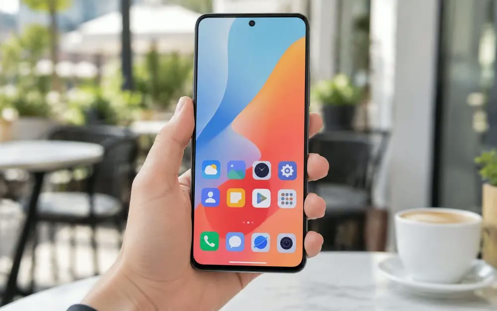 Hand holding an Android phone showing the home screen