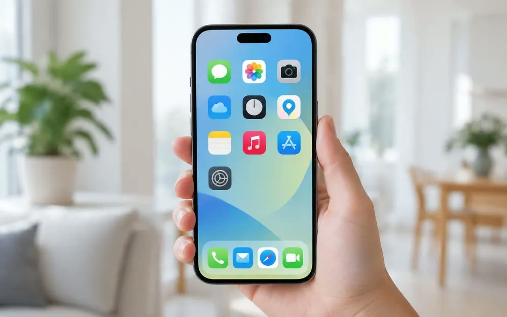 Hand holding an iPhone showing the home screen